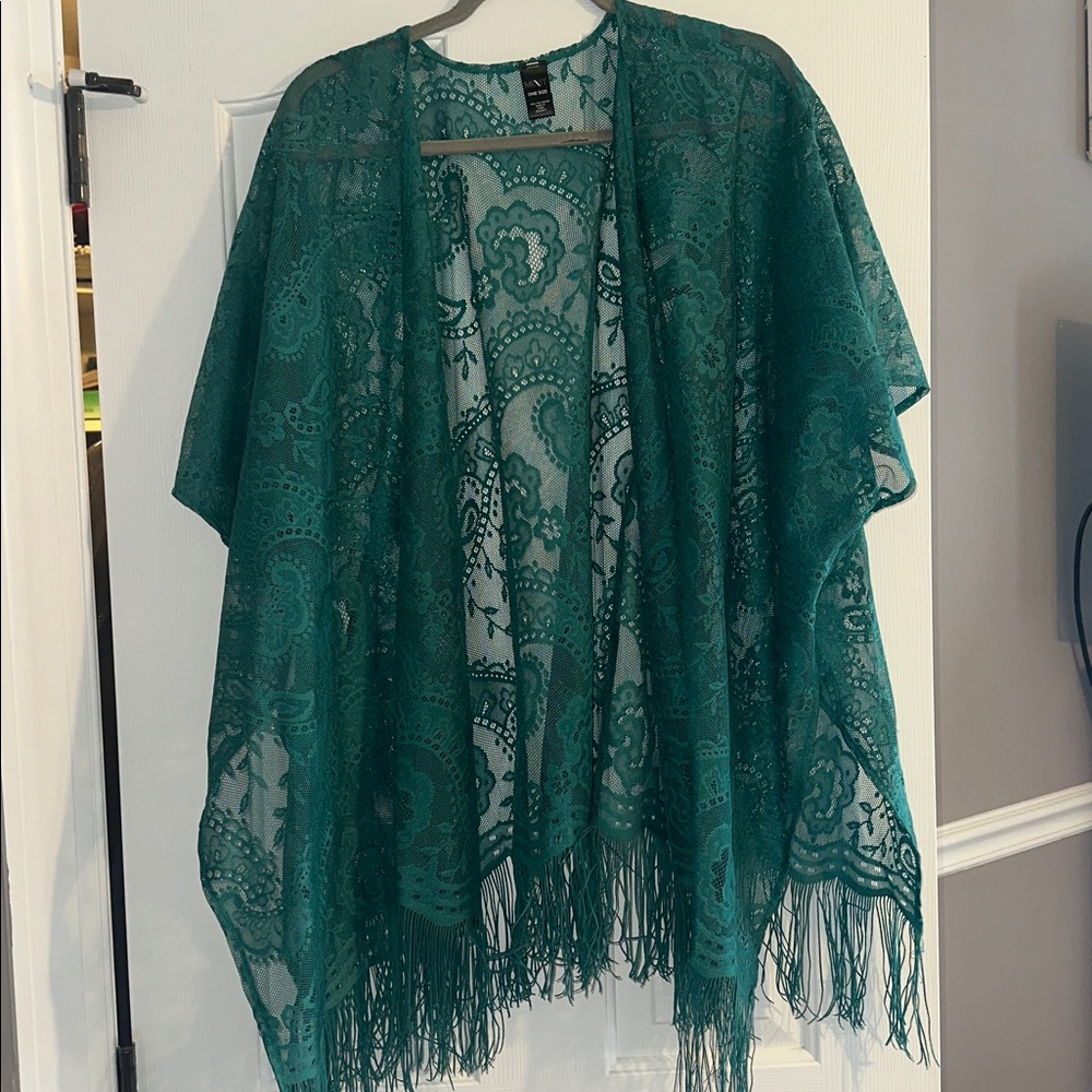 Mixit Turquoise Lace Kimono Cover-Up with Fringe